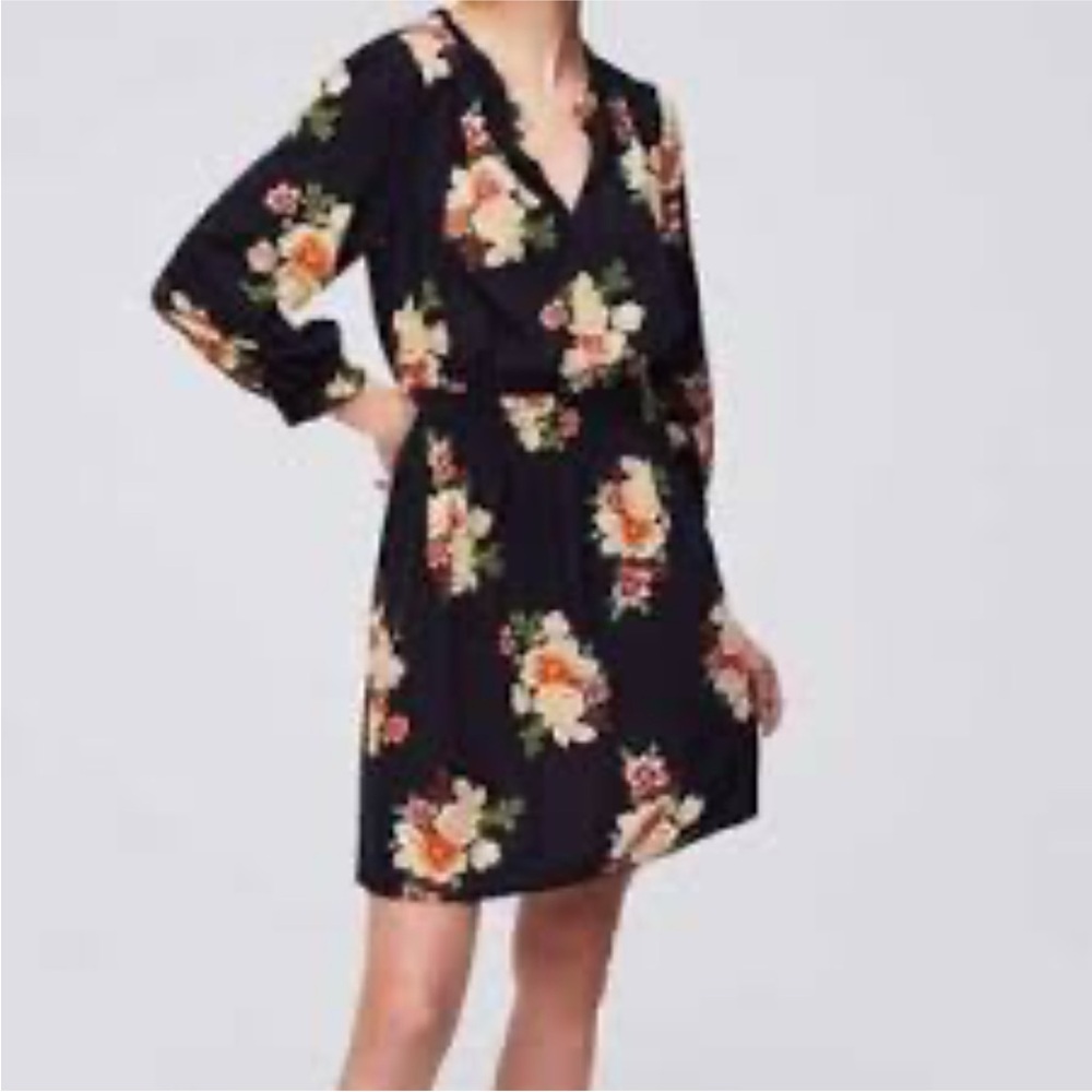 Loft Womens Peasant Style Long 3/4 Sleeve Black Floral Midi Dress Size Small